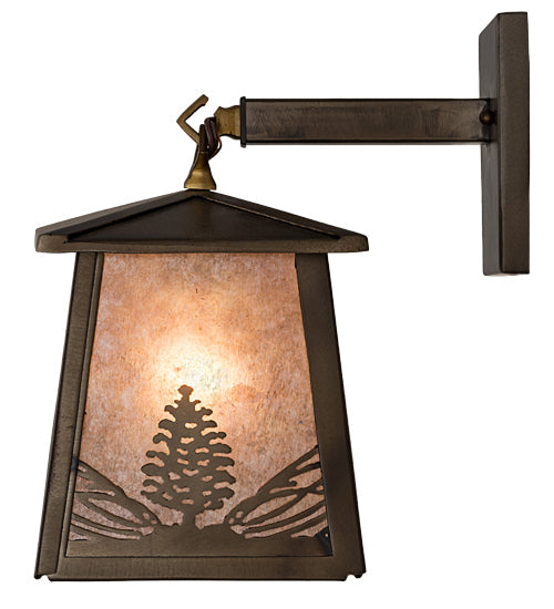 Meyda Lighting Mountain Pine 7" Antique Copper Hanging Wall Sconce With Silver Mica Shade Glass