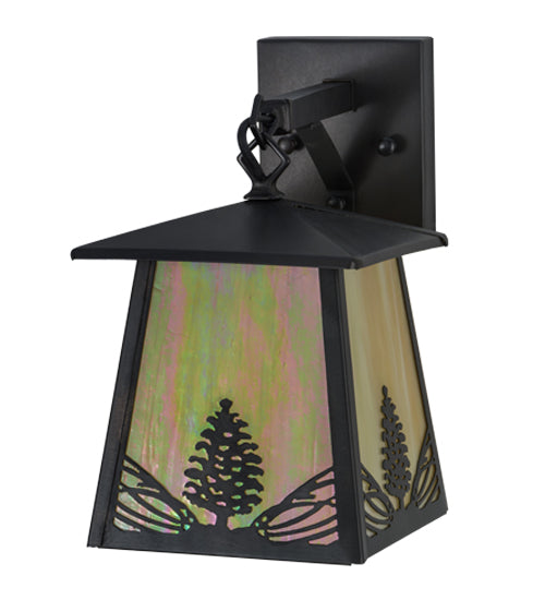 Meyda Lighting Mountain Pine 7" Craftsman Brown Hanging Wall Sconce With Beige Iridescent Shade Glass