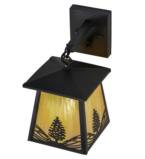 Meyda Lighting Mountain Pine 7" Craftsman Brown Hanging Wall Sconce With Beige Iridescent Shade Glass