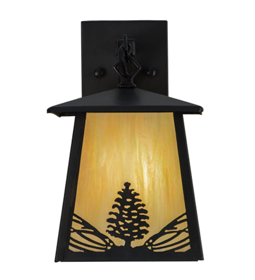 Meyda Lighting Mountain Pine 7" Craftsman Brown Hanging Wall Sconce With Beige Iridescent Shade Glass
