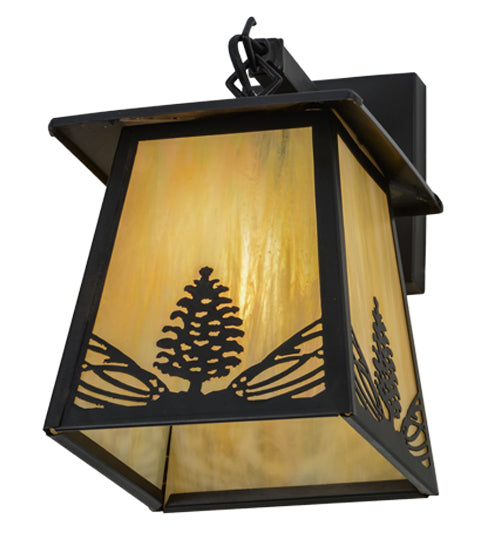 Meyda Lighting Mountain Pine 7" Craftsman Brown Hanging Wall Sconce With Beige Iridescent Shade Glass