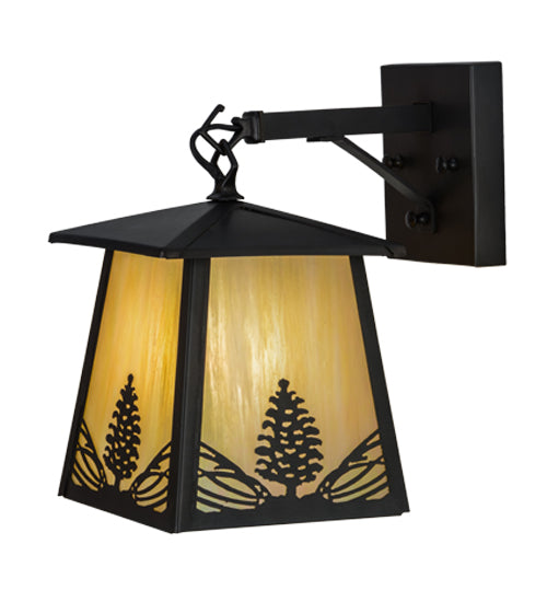 Meyda Lighting Mountain Pine 7" Craftsman Brown Hanging Wall Sconce With Beige Iridescent Shade Glass