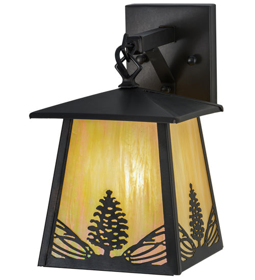 Meyda Lighting Mountain Pine 7" Craftsman Brown Hanging Wall Sconce With Beige Iridescent Shade Glass