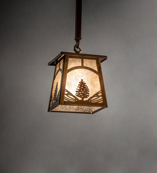 Meyda Lighting Mountain Pine 7"Sq Vintage Copper Mini Pendant Light With Silver Mica Shade Glass