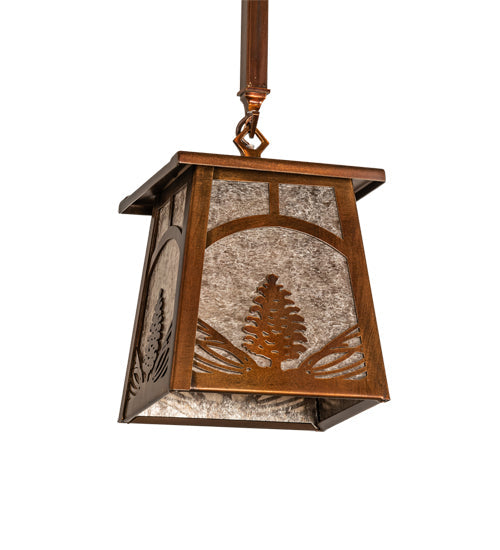 Meyda Lighting Mountain Pine 7"Sq Vintage Copper Mini Pendant Light With Silver Mica Shade Glass