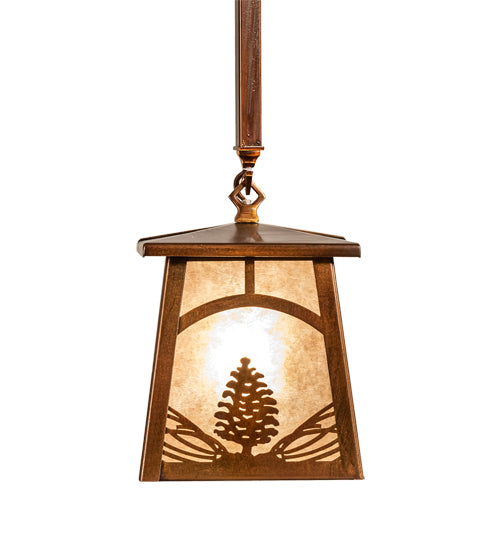 Meyda Lighting Mountain Pine 7"Sq Vintage Copper Mini Pendant Light With Silver Mica Shade Glass