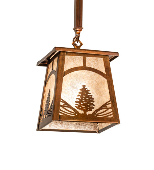 Meyda Lighting Mountain Pine 7"Sq Vintage Copper Mini Pendant Light With Silver Mica Shade Glass