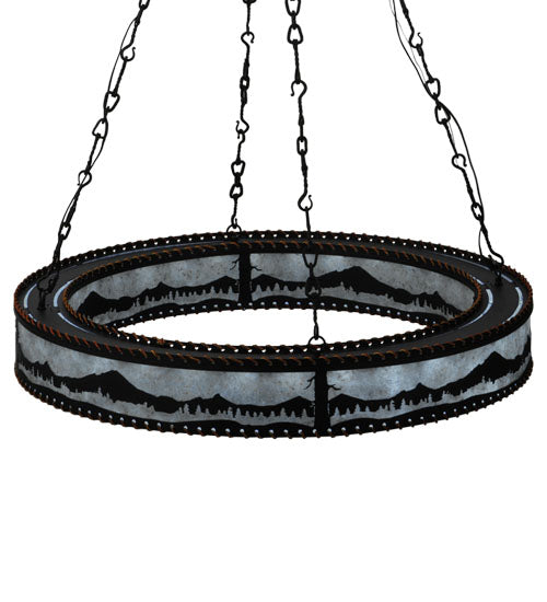 Meyda Lighting Mountain Range 42" 36-Light Black Ring Chandelier With Silver Mica Shade Glass
