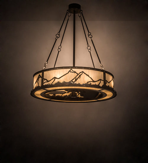 Meyda Lighting Mountain Range 44" 16-Light Dark Burnished Antique Copper Chandelier With Creme Carrare Idalight Shade and Fan