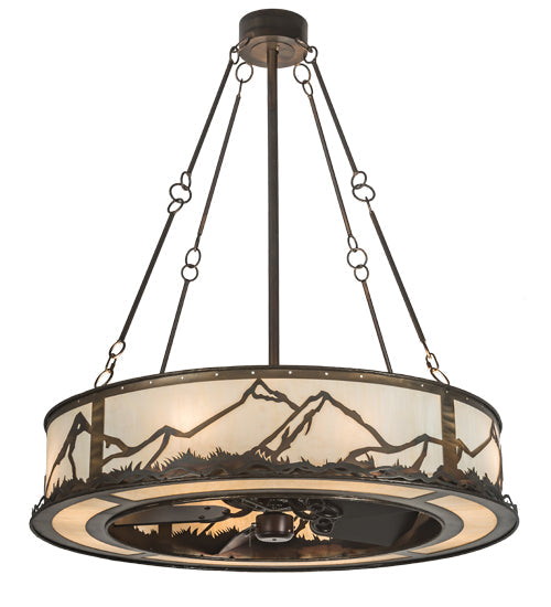 Meyda Lighting Mountain Range 44" 16-Light Dark Burnished Antique Copper Chandelier With Creme Carrare Idalight Shade and Fan