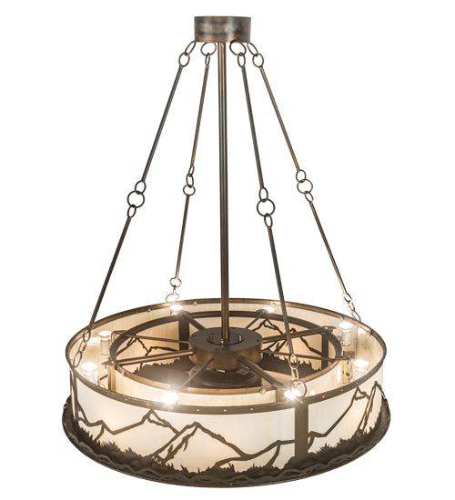 Meyda Lighting Mountain Range 44" 16-Light Dark Burnished Antique Copper Chandelier With Creme Carrare Idalight Shade and Fan