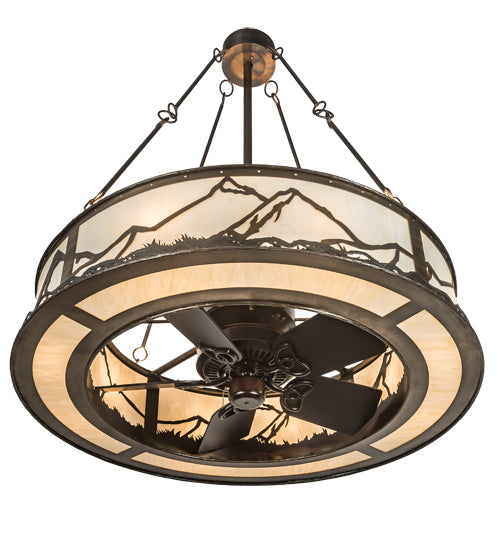 Meyda Lighting Mountain Range 44" 16-Light Dark Burnished Antique Copper Chandelier With Creme Carrare Idalight Shade and Fan