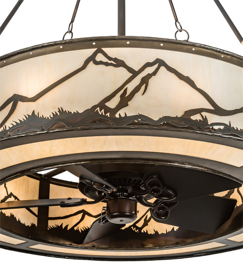 Meyda Lighting Mountain Range 44" 16-Light Dark Burnished Antique Copper Chandelier With Creme Carrare Idalight Shade and Fan