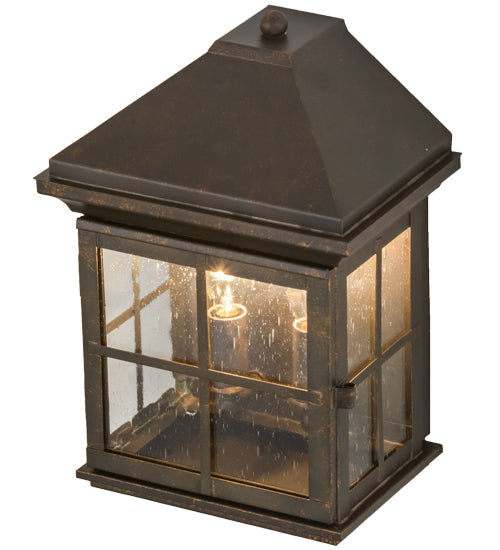 Meyda Lighting Myles 8" 2-Light Gilded Tobacco Lantern Wall Sconce With Clear Seeded Shade Glass