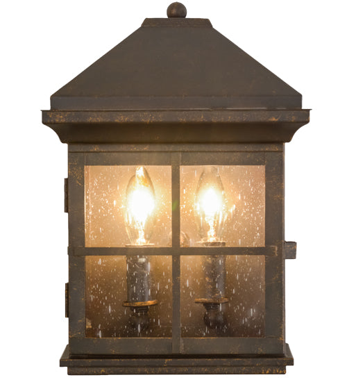 Meyda Lighting Myles 8" 2-Light Gilded Tobacco Lantern Wall Sconce With Clear Seeded Shade Glass