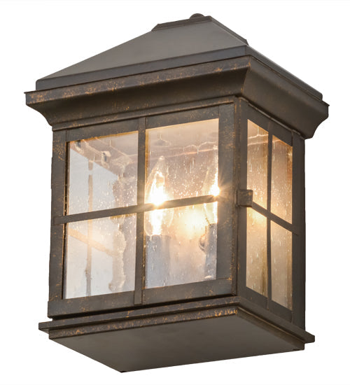 Meyda Lighting Myles 8" 2-Light Gilded Tobacco Lantern Wall Sconce With Clear Seeded Shade Glass