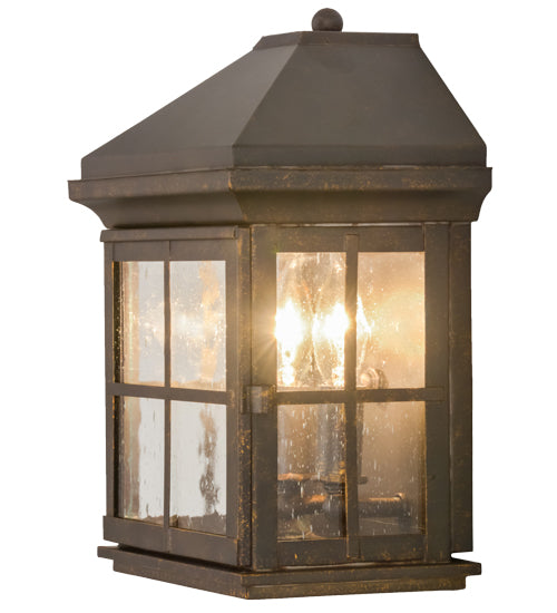Meyda Lighting Myles 8" 2-Light Gilded Tobacco Lantern Wall Sconce With Clear Seeded Shade Glass