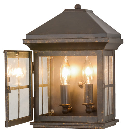 Meyda Lighting Myles 8" 2-Light Gilded Tobacco Lantern Wall Sconce With Clear Seeded Shade Glass