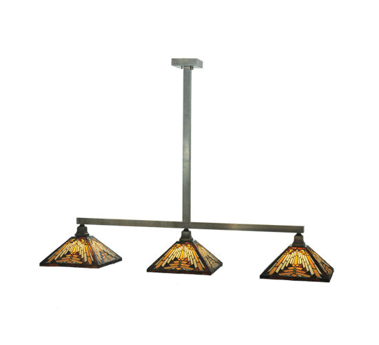 Meyda Lighting NUEVO 63" 3-Light Craftsman Brown Mission Island Pendant Light With Multi-Colored Shade Glass