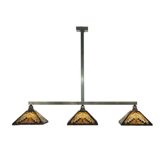 Meyda Lighting NUEVO 63" 3-Light Craftsman Brown Mission Island Pendant Light With Multi-Colored Shade Glass