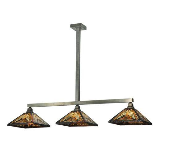 Meyda Lighting NUEVO 63" 3-Light Craftsman Brown Mission Island Pendant Light With Multi-Colored Shade Glass