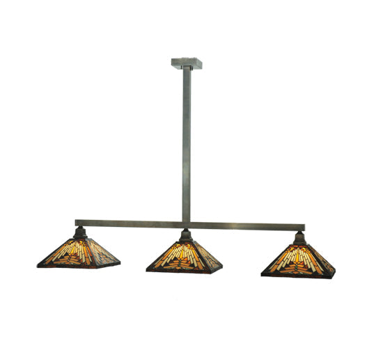 Meyda Lighting NUEVO 63" 3-Light Craftsman Brown Mission Island Pendant Light With Multi-Colored Shade Glass