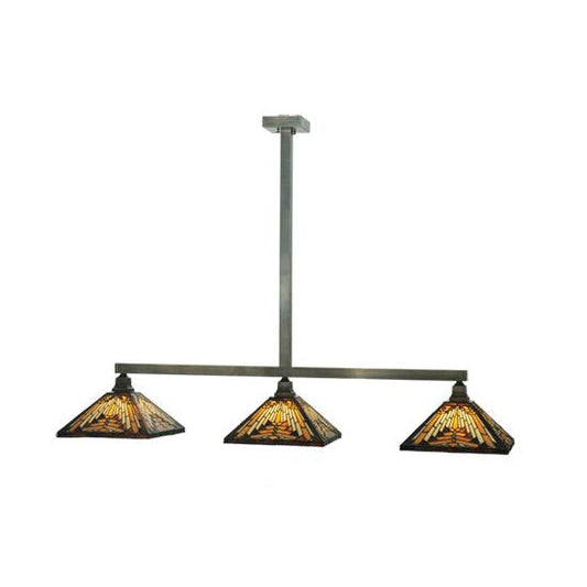 Meyda Lighting NUEVO 63" 3-Light Craftsman Brown Mission Island Pendant Light With Multi-Colored Shade Glass