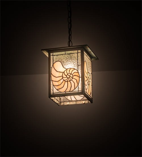 Meyda Lighting Nautilus 10"Sq Verdigris Pendant Light With Beige & Clear Ripple Shade Glass