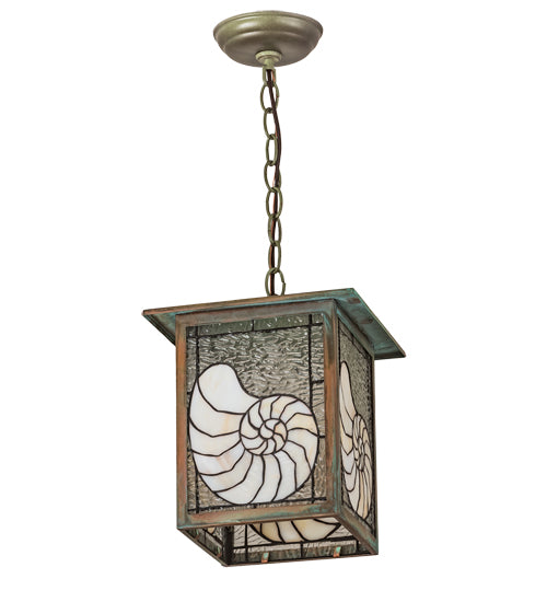 Meyda Lighting Nautilus 10"Sq Verdigris Pendant Light With Beige & Clear Ripple Shade Glass
