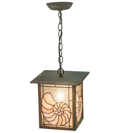 Meyda Lighting Nautilus 10"Sq Verdigris Pendant Light With Beige & Clear Ripple Shade Glass