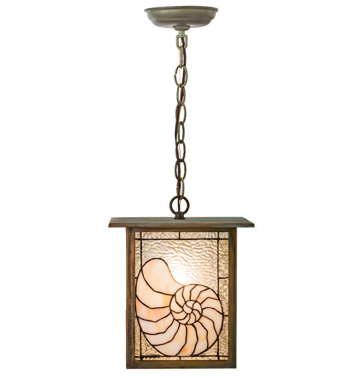 Meyda Lighting Nautilus 10"Sq Verdigris Pendant Light With Beige & Clear Ripple Shade Glass