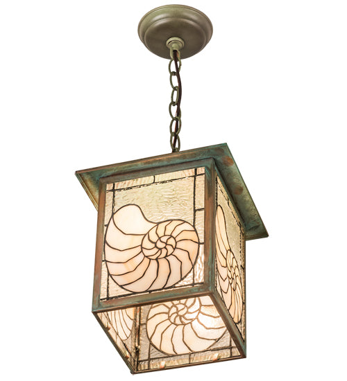 Meyda Lighting Nautilus 10"Sq Verdigris Pendant Light With Beige & Clear Ripple Shade Glass