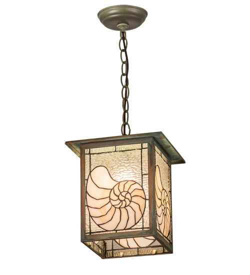 Meyda Lighting Nautilus 10"Sq Verdigris Pendant Light With Beige & Clear Ripple Shade Glass