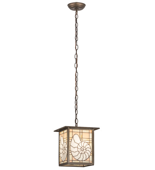 Meyda Lighting Nautilus 14" Antique Copper Lantern Pendant Light With Beige & Clear Ripple Shade Glass
