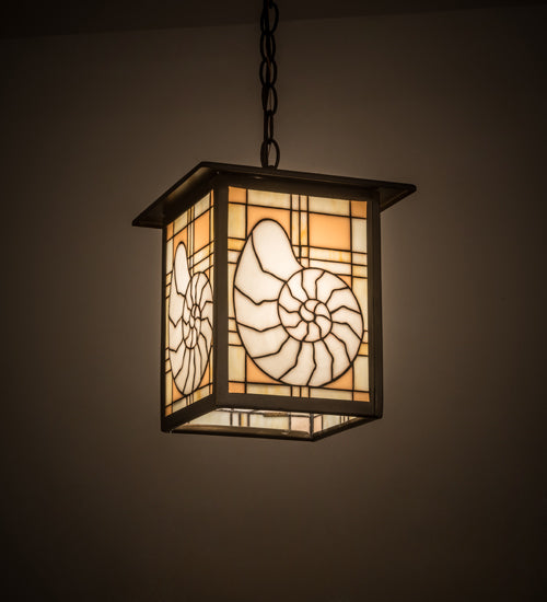Meyda Lighting Nautilus 14" Antique Copper Lantern Pendant Light With Beige & Clear Ripple Shade Glass