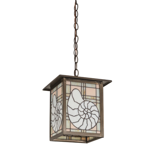 Meyda Lighting Nautilus 14" Antique Copper Lantern Pendant Light With Beige & Clear Ripple Shade Glass