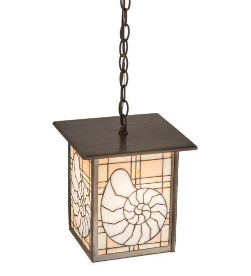 Meyda Lighting Nautilus 14" Antique Copper Lantern Pendant Light With Beige & Clear Ripple Shade Glass