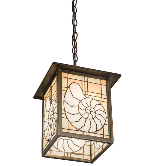 Meyda Lighting Nautilus 14" Antique Copper Lantern Pendant Light With Beige & Clear Ripple Shade Glass