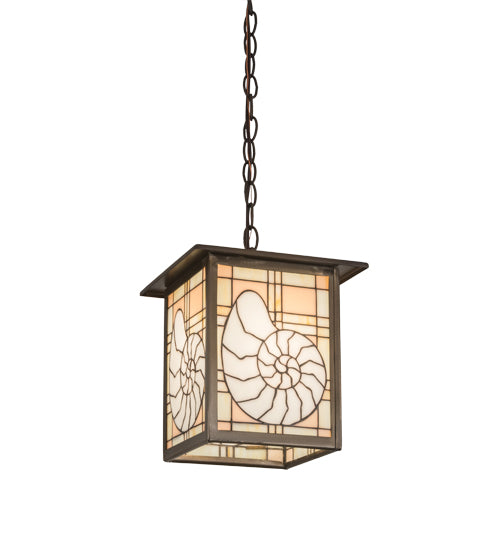 Meyda Lighting Nautilus 14" Antique Copper Lantern Pendant Light With Beige & Clear Ripple Shade Glass