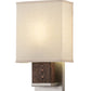 Meyda Lighting Navesink 8" Nickel & Mahogany Wood Wall Sconce With Off White Textrene Shade