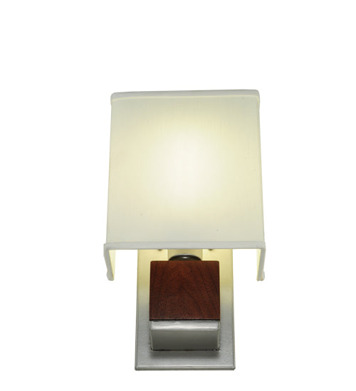 Meyda Lighting Navesink 8" Nickel & Mahogany Wood Wall Sconce With White Linen Textrene Shade