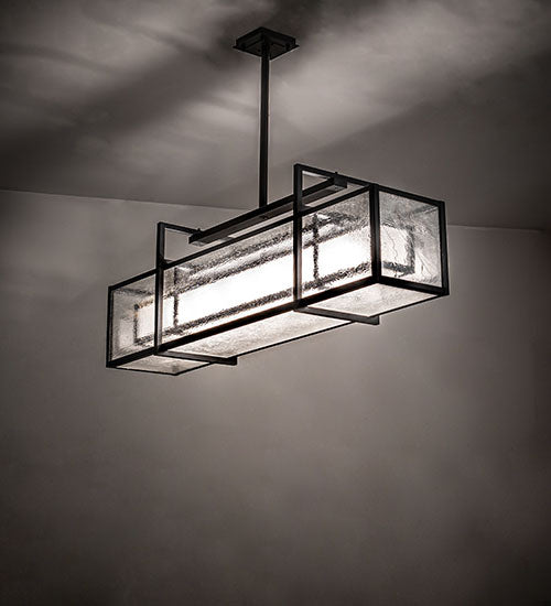 Meyda Lighting Nelson 54" 6-Light Black Satin Wrought Iron Island Pendant Light With Black Metal Clear Seeded & Frosted Seeded Shade Glass
