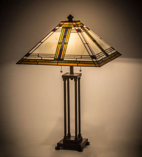 Meyda Lighting Nevada 32" 2-Light Mahogany Bronze Table Lamps Copperfoil Table Lamp With Multi-Colored Shade Glass