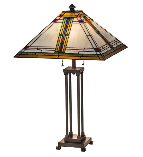 Meyda Lighting Nevada 32" 2-Light Mahogany Bronze Table Lamps Copperfoil Table Lamp With Multi-Colored Shade Glass