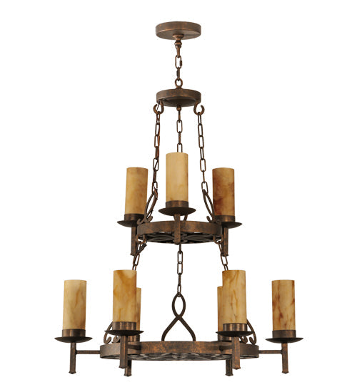 Meyda Lighting Newcastle 31" 9-Light 2-Tier Gilded Tobacco Chandelier With Tawnyrock Idalight Shade Glass