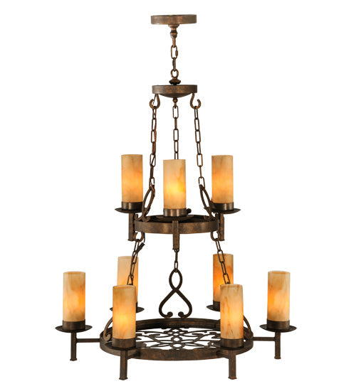 Meyda Lighting Newcastle 31" 9-Light 2-Tier Gilded Tobacco Chandelier With Tawnyrock Idalight Shade Glass