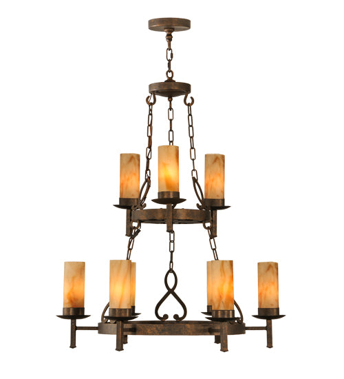 Meyda Lighting Newcastle 31" 9-Light 2-Tier Gilded Tobacco Chandelier With Tawnyrock Idalight Shade Glass