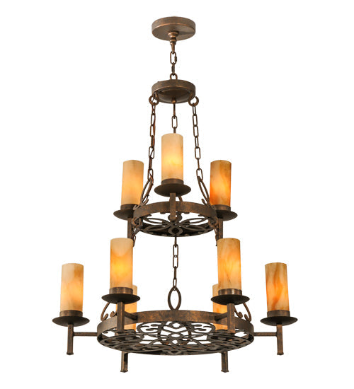 Meyda Lighting Newcastle 31" 9-Light 2-Tier Gilded Tobacco Chandelier With Tawnyrock Idalight Shade Glass