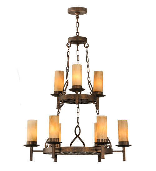 Meyda Lighting Newcastle 31" 9-Light 2-Tier Gilded Tobacco Chandelier With Tawnyrock Idalight Shade Glass