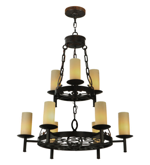 Meyda Lighting Newcastle 33" 9-Light 2-Tier Coffee Bean Chandelier With Ivory Candle Shade